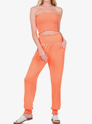 Smocked Joggers Set- Neon Coral