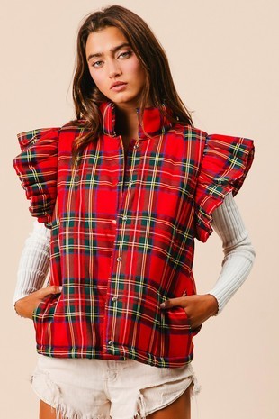 Ruffles and Plaid Puffer Vest