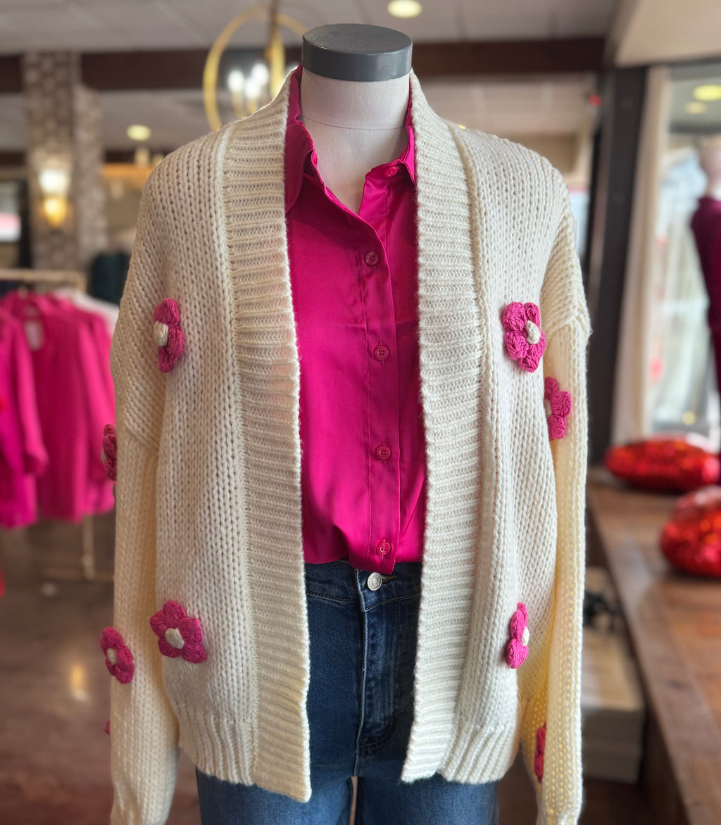 Chunky Pink Flower Cardigan