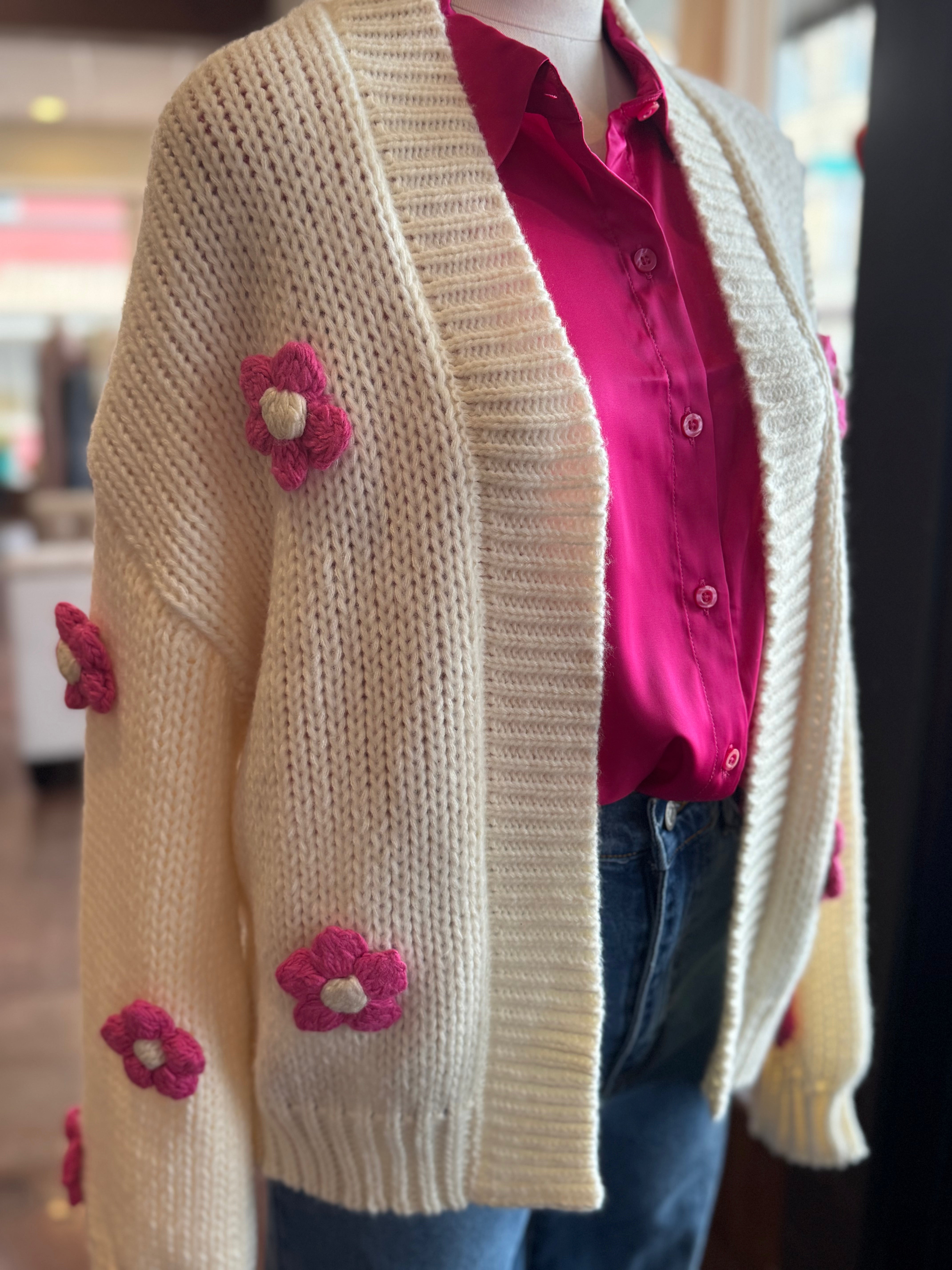 Chunky Pink Flower Cardigan