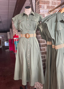 Olive Belted Midi Dress
