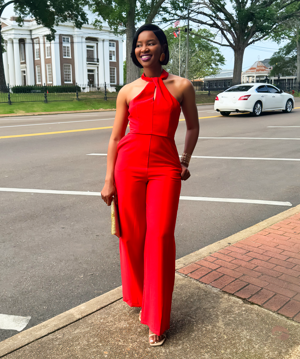 Red Carpet Halter Jumpsuit- Orange/Red