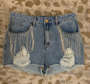 Rhinestone Fringe Distressed Shorts