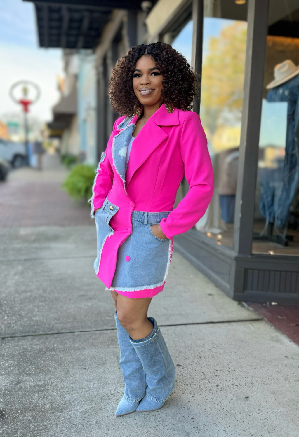 Pink + Denim Long Blazer