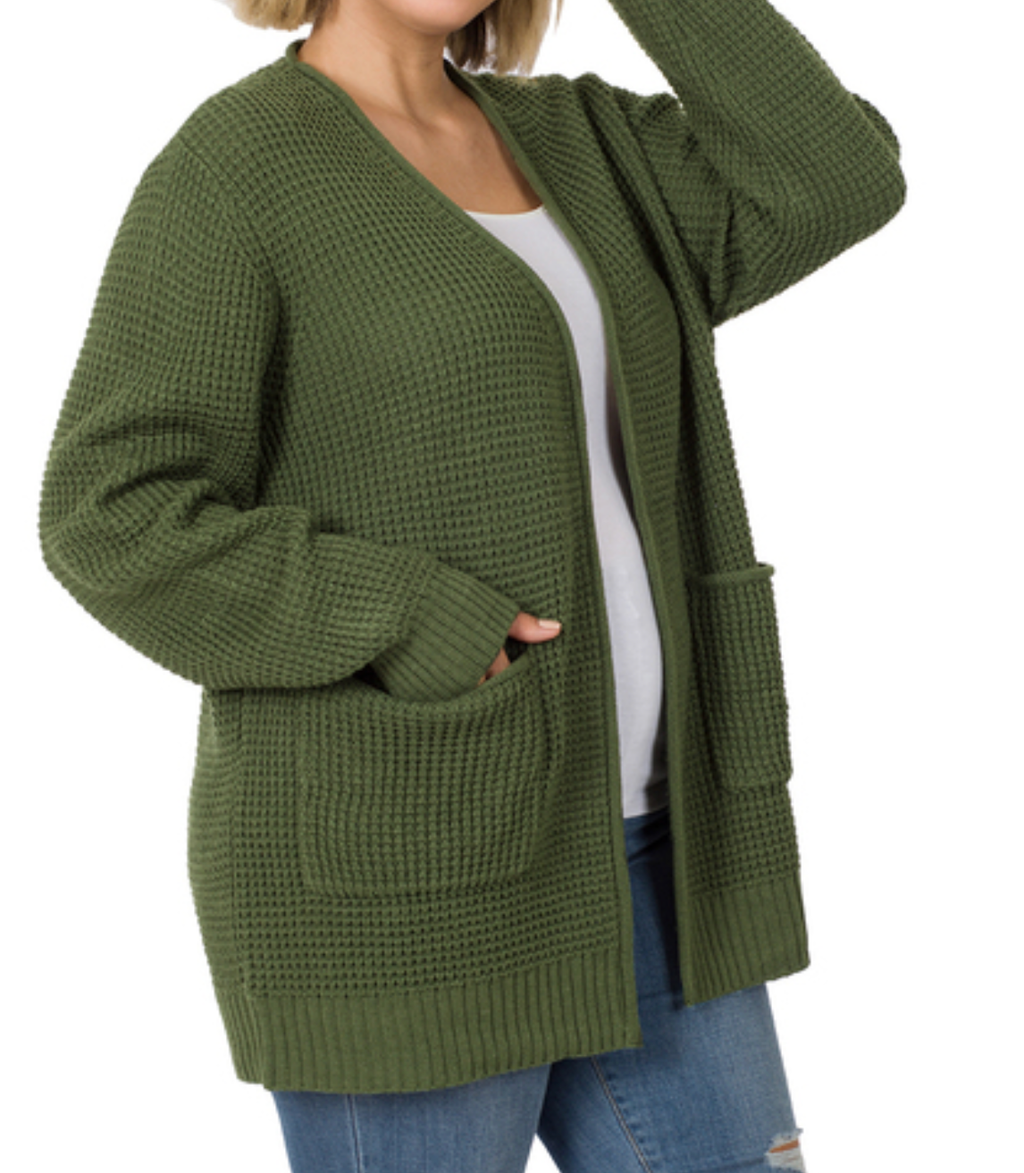 Waffle Sweater Cardigan-Army Green