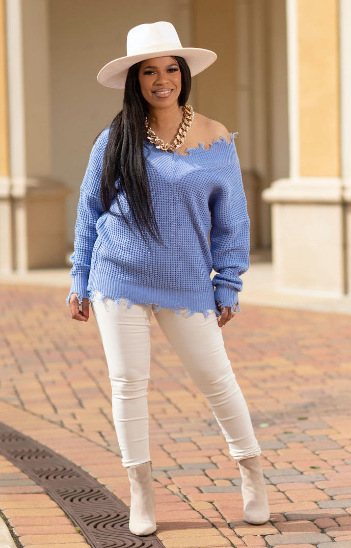 Distressed Sweater- Spring Blue- SIZE DOWN